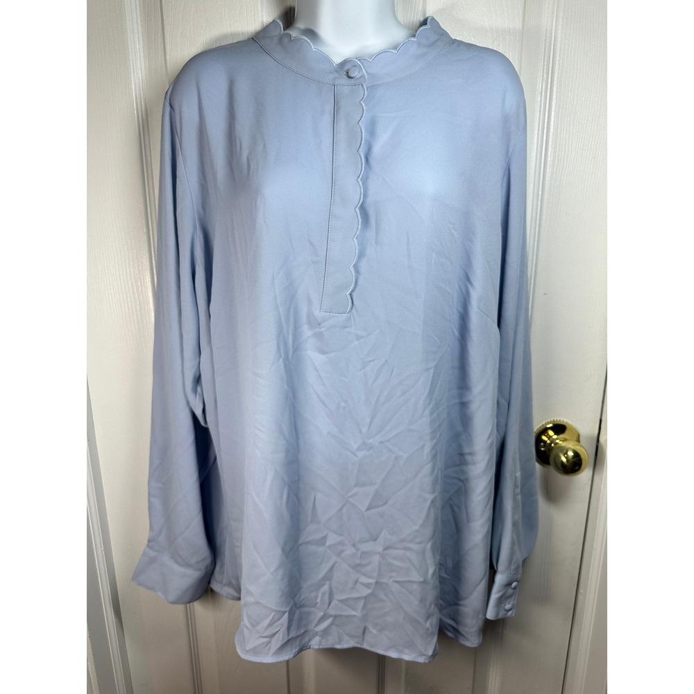 Calvin Klein Women's Blouse Top Long Sleeve Button Scalloped Neckline Blue 3X‎